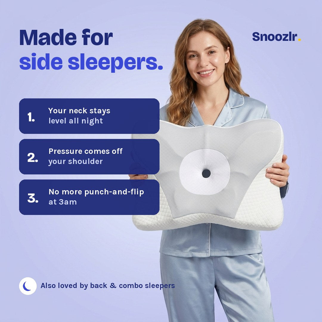 Made for side sleepers — woman holding the Snoozlr contour pillow